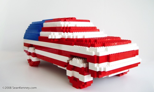 American Flag SUV.  Sculpture with LEGO bricks by artist Sean Kenney.  Chevy Chevrolet Tahoe Suburban Yukon GMC SUV