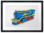 Frames and prints of LEGO train from NBC's '30 Rock'.  Art with LEGO bricks.  Sean Kenney