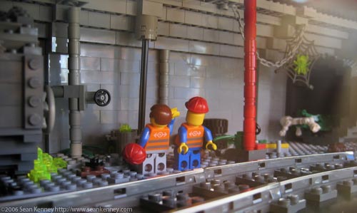 subway train runs under the city, seen through clear windows and 